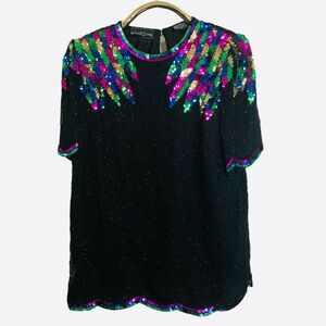 Vintage Jewel Queen Sequin Beaded Silk Holiday Blouse Black Silk Large